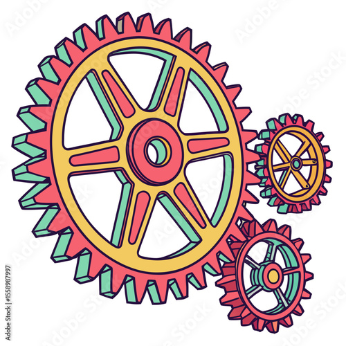 Colorful Cogwheels Cartoon Illustration: Engineering, Technology, and Mechanical Design