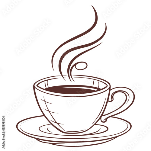Vector Illustration of a Steaming Coffee Cup on a Saucer, Brown Line Art