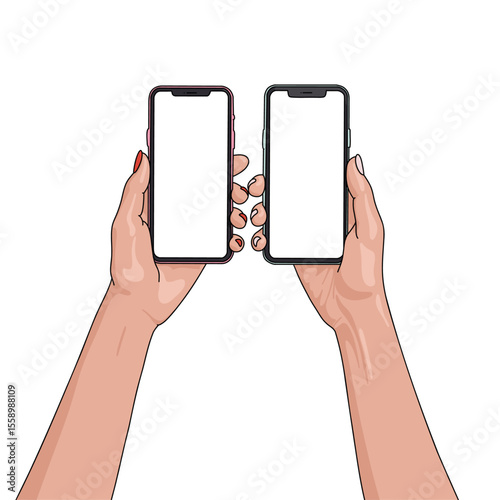 Vector Illustration of Women Hands Holding Mobile Phones Isolated on Transparent Background