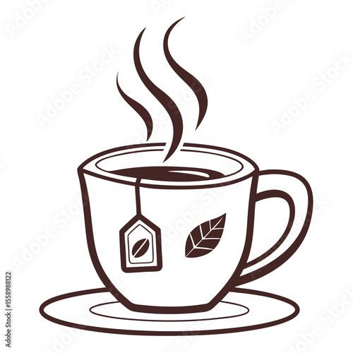 Hot Tea Cup Illustration with Steam and Tea Bag on a Saucer