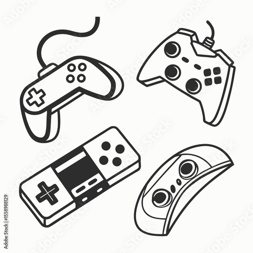 Retro Game Controllers Line Art: Classic Video Game Consoles Icons Collection