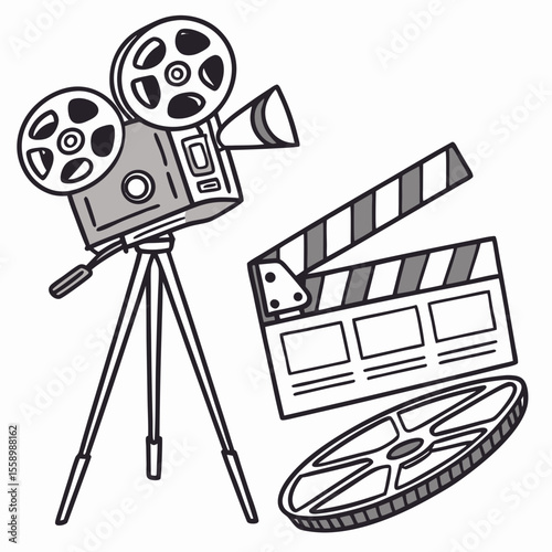 Retro Film Equipment: Cartoon Vector Illustration of Movie Camera, Clapperboard, and Film Reel