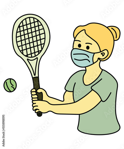  Vector illustration of a man playing tennis while wearing a mask for covid safety.