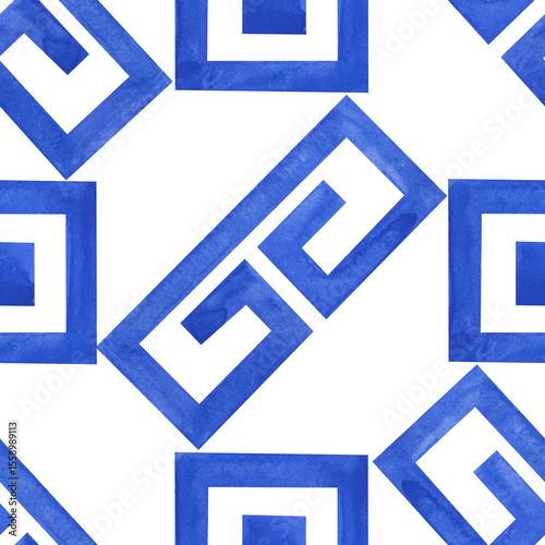 The seamless geometric ornament is hand-drawn. A variant of the meander. Watercolor illustration. Seamless background with classic Greek blue pattern. A template for wrapping paper, packaging