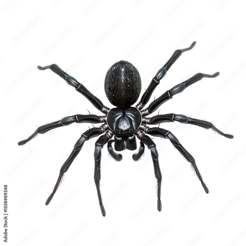 Obraz premium A large black spider viewed from the front showing its hairy legs and body