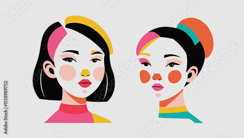 Two modern abstract women with colorful make-up on a light background