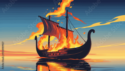 Viking ship on fire at sea with vibrant sunset reflection in calm waters