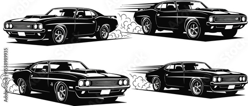 Four black and white illustrations of classic muscle cars are depicted with speed lines and tire smoke, showcasing vintage automotive design