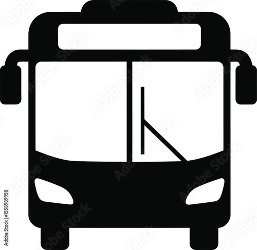 A front view of a black bus is isolated on white background, symbolizing public transportation and urban travel