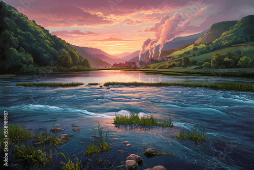 Watercolor Nature Landscape with River, Trees, and Mountain Sunset Scenery