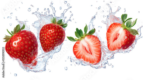 Fresh strawberry in dynamic water splash motion isolated on white background
