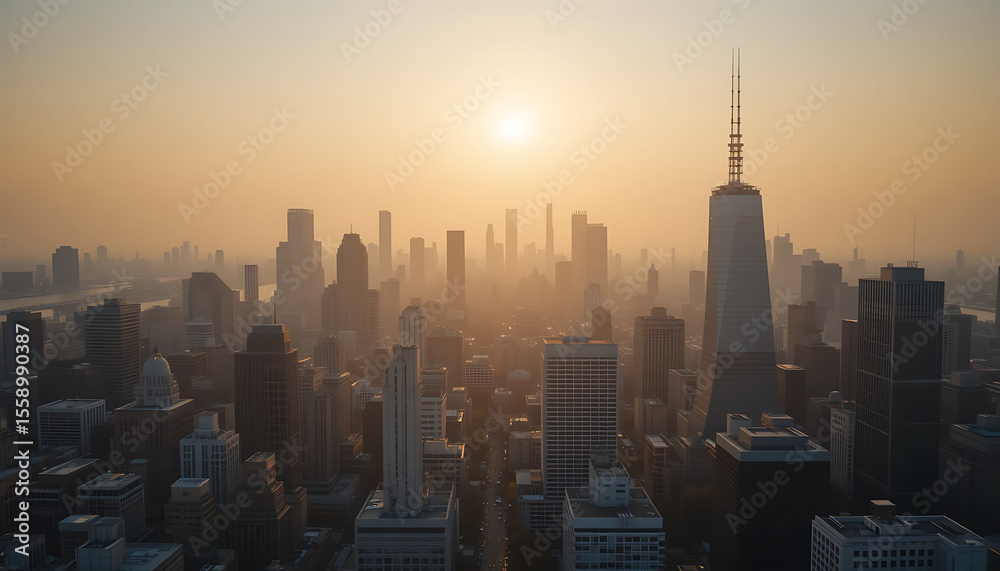 Fototapeta premium Golden Hour Skyline A Stunning Aerial View of Cityscape at Sunrise