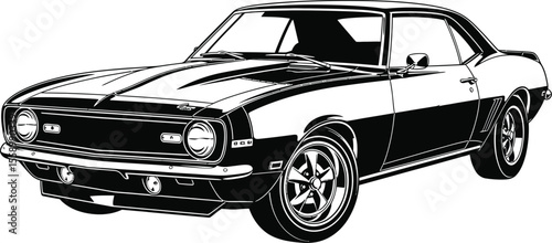 A black and white classic muscle car is isolated on white background, highlighting its vintage design and powerful engine