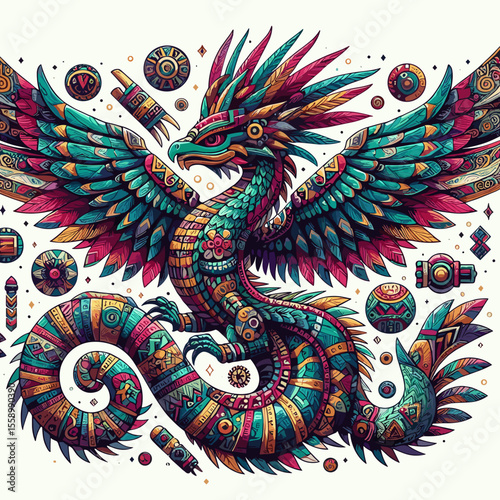 Colorful mythical creature illustration featuring a phoenix with intricate designs