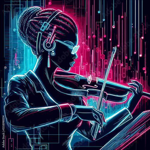 Neon illustration of a female violinist wearing headphones in a vibrant musical setting