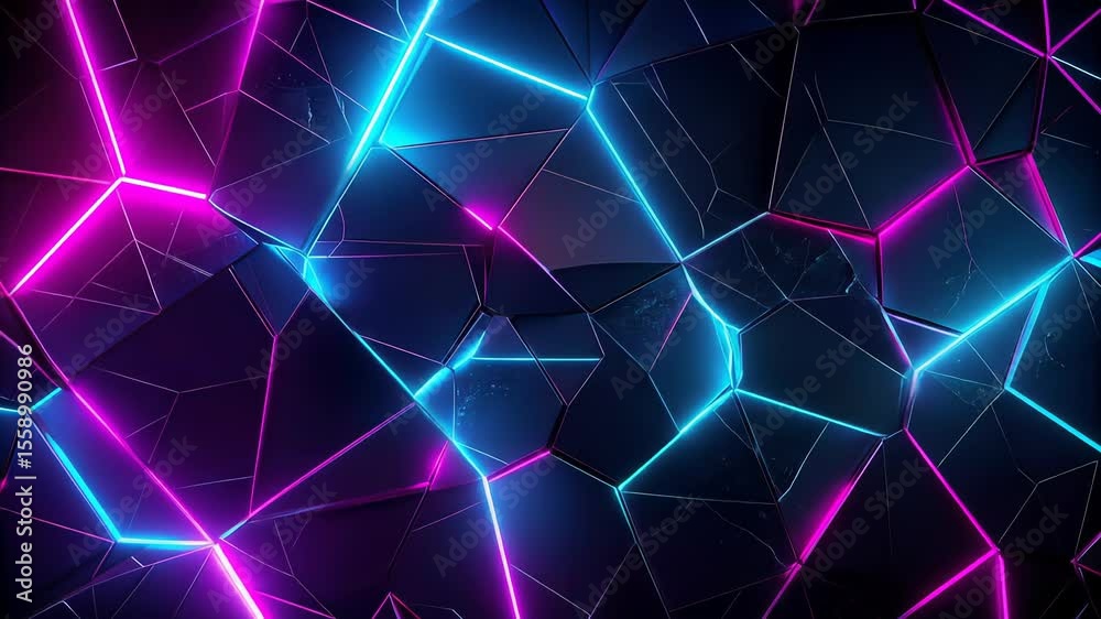 Glowing abstract polygons with neon blue and pink edges on dark futuristic background