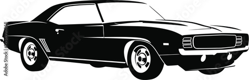A sleek black classic muscle car is isolated on white background, showcasing its iconic design and powerful stance