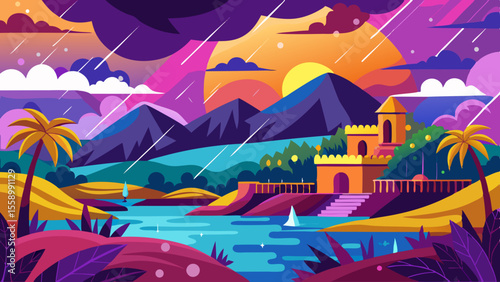 Vibrant Tropical Landscape with Castle, Mountains, Lake, and Rain Vector,
