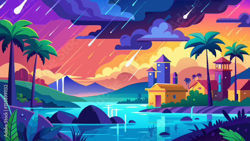 Vibrant Tropical Coastal Village Landscape with Palm Trees, Rain, and Sunset Sky Vector,
