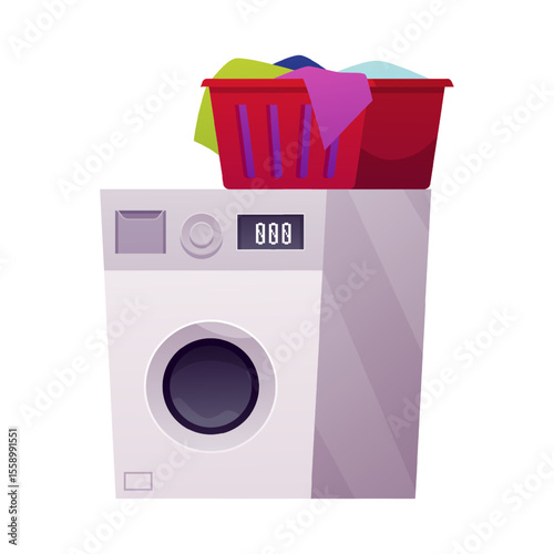 Washing machine and laundry basket with cloth, vector flat laundromat, laundry, washing appliance for household chores