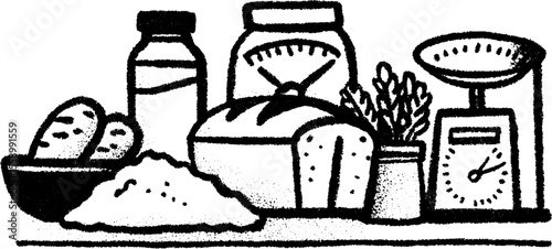 Baker's worktable with scattered flour and ingredients sketch for kitchen design