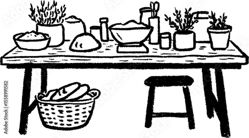 Artisan baker's worktable with scattered flour and baking tools in hand drawn style