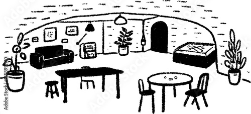 Cozy basement game room sketch with bold black lines for design inspiration