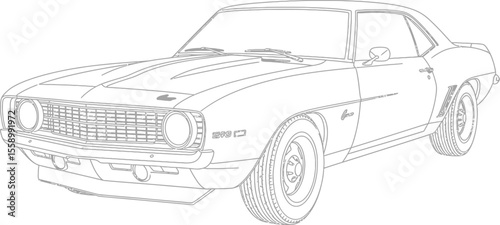 A classic muscle car is illustrated with fine lines isolated on white background, capturing the iconic design and powerful stance of vintage american automobiles