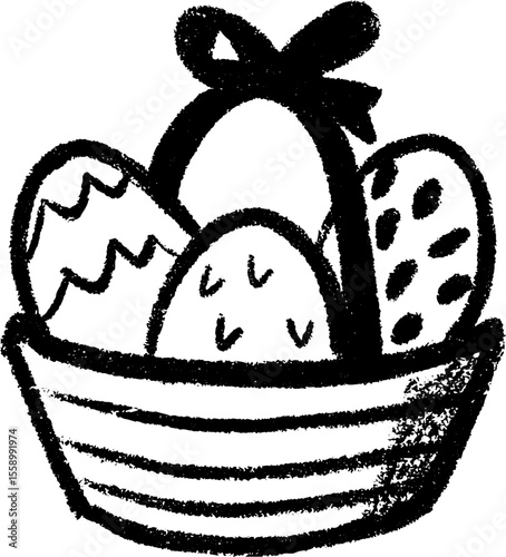 Basket of decorated eggs with ribbon for festive celebrations