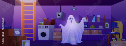 Dark basement room interior with ghost, phantom, vector flat storage home cellar with wooden stairs, shelves, laundry