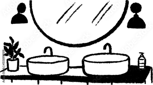 Bathroom design sketch featuring twin basins and large mirror for interior inspiration