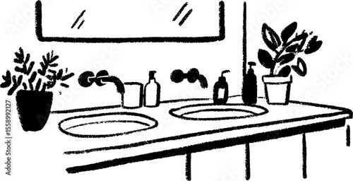 Artistic sketch of a modern bathroom with twin basins and long mirror for design inspiration