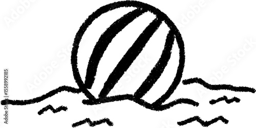 Hand drawn sketch of a striped beach ball half buried in sand