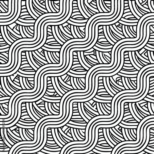 Abstract black and white seamless pattern featuring wave and semicircle forms