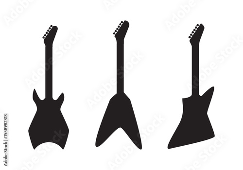 Vector illustration of electric guitar icons in black and white. Perfect for music, band, and concert-related designs
A set of black guitar silhouettes. Vector guitars on white background. Symbols of 