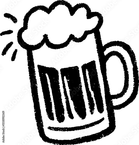 Hand-drawn sketch of beer mug with foamy head and spills for pub menu design