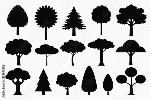 Collection of black silhouettes various tree types
