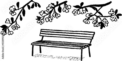 Tranquil bench under blooming tree branches sketch for nature design