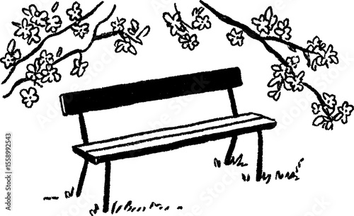 Peaceful bench under blooming tree branches sketch for serene outdoor design