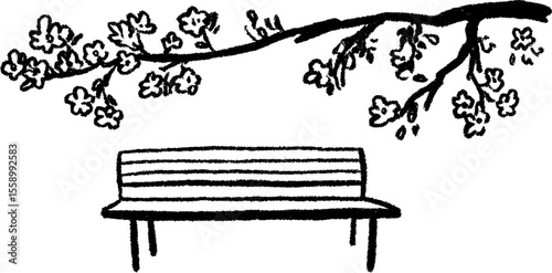 Serene bench under blooming tree branches in hand drawn sketch