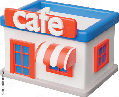3D street Cafe, Coffee and snacks shop, vector facade with striped canopy, signboard, fast food restaurant building