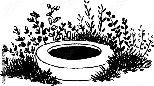 Hand-drawn sketch of a birdbath surrounded by low shrubs for garden design