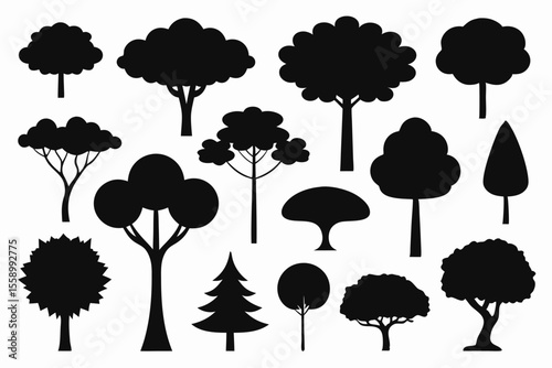 Collection of black silhouette trees various shapes and sizes