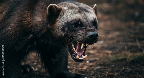 Close-up of a wolverine with an aggressive expression, teeth bared, in a natural setting.
