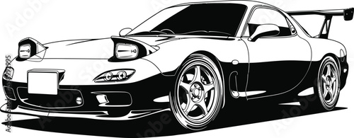 A sleek black and white sportscar with a distinctive spoiler is isolated on white background, showcasing its aerodynamic design and powerful stance