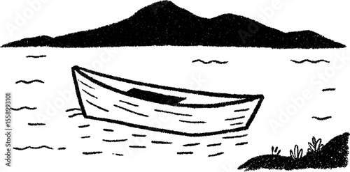 Tranquil boat sketch on calm waters with serene landscape scene