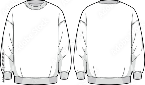 Blank white crewneck sweatshirt front and back view, isolated fashion flat sketch template, unisex pullover design mockup, apparel template for designers, clothing vector