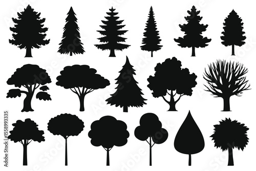 Collection of black silhouette trees various shapes and sizes