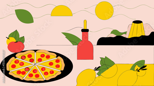 Colorful abstract landscape featuring fruits and a serene ocean view, evoking a joyful summer vibe.