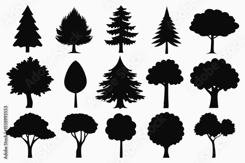 Collection of black silhouettes various tree types